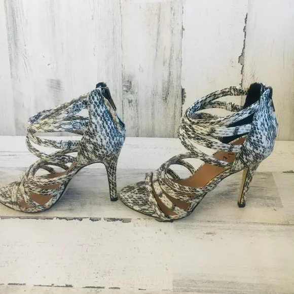 NEW RENVY Snake Print Leather Caged Heel Sandals - Picture 4 of 12